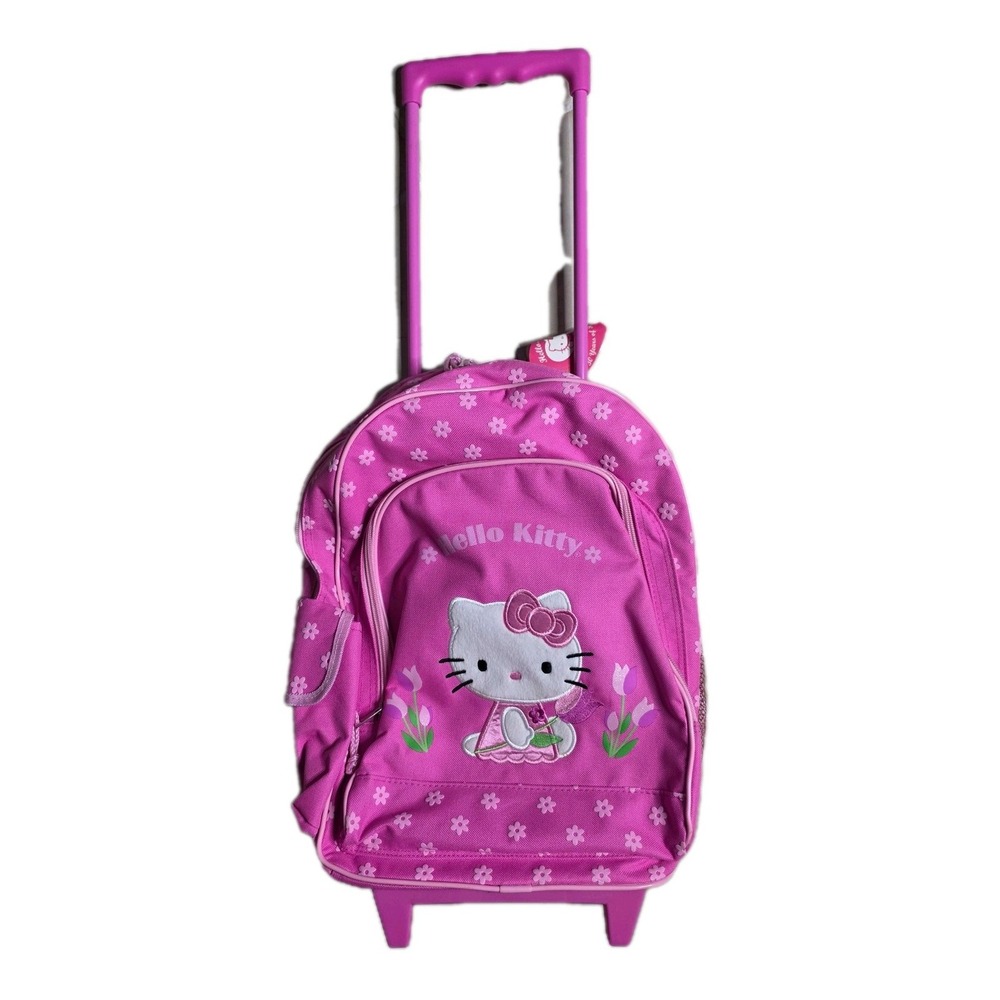 Vintage Hello Kitty Pink Flower Backpack On Wheels 16" Sanrio 2004 New Nwt NOS